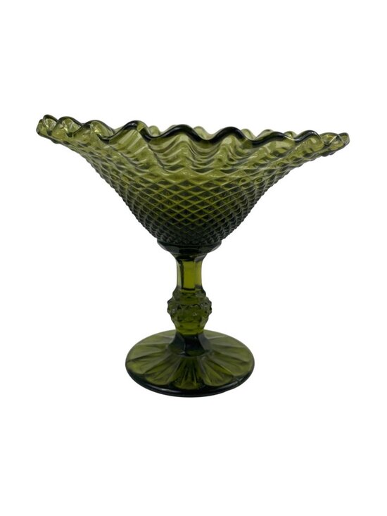 Unmarked Other - Vintage Green Glass Compote With Diamond Pattern & Ruffled Edge Pedestal Bowl